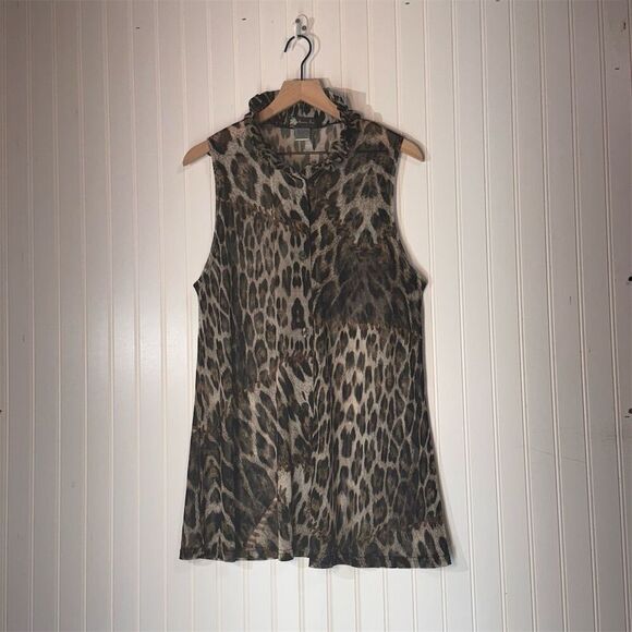 Damee Inc Leopard Print Sheer Sleeveless Ruffle Wire Neck Blouse L Y2K Glam - Picture 1 of 9